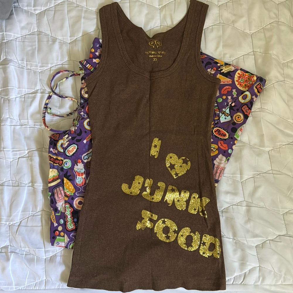Vintage Victorias Secret I Love Junk Food Pajama Tank Pant Set Brown Purple XS